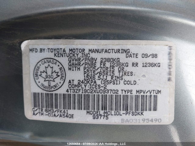 Продаж на аукціоні авто 1999 Toyota Sienna Ce, vin: 4T3ZF19C2XU093702, номер лоту: 12650654