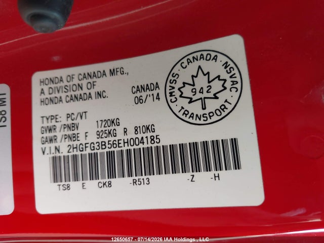Продажа на аукционе авто 2014 Honda Civic Lx, vin: 2HGFG3B56EH004185, номер лота: 12650657
