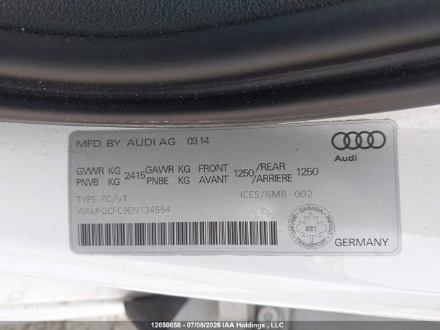 2014 Audi A6 Premium Plus მანქანა იყიდება აუქციონზე, vin: WAUFGCFC9EN134554, აუქციონის ნომერი: 12650658
