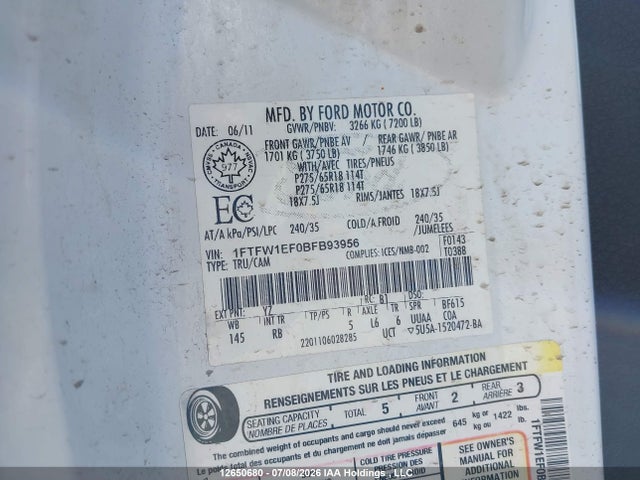 12650680 :رقم المزاد ، 1FTFW1EF0BFB93956 vin ، 2011 Ford F150 Supercrew مزاد بيع