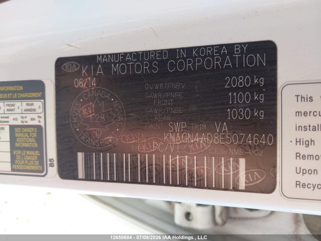 12650684 :رقم المزاد ، KNAGN4AD8E5074640 vin ، 2014 Kia Optima Hybrid Ex/ex Premium مزاد بيع