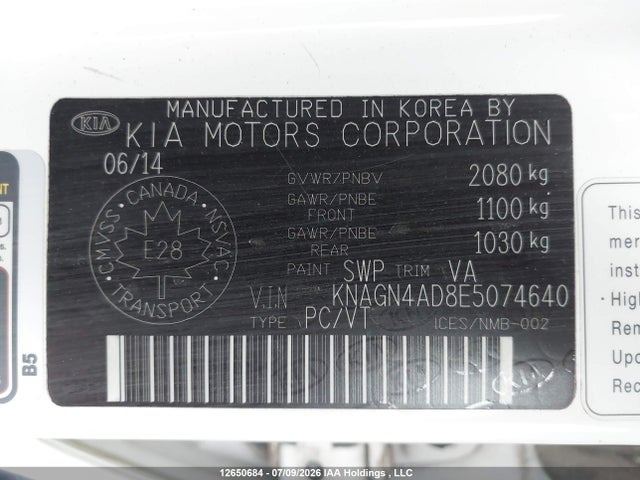 12650684 :رقم المزاد ، KNAGN4AD8E5074640 vin ، 2014 Kia Optima Hybrid Ex/ex Premium مزاد بيع