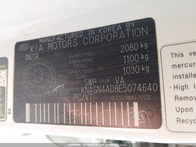 12650684 :رقم المزاد ، KNAGN4AD8E5074640 vin ، 2014 Kia Optima Hybrid Ex/ex Premium مزاد بيع