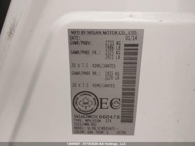 12650687 :رقم المزاد ، 5N1AR2MM2EC660478 vin ، 2014 Nissan Pathfinder S/sv/sl/platinum مزاد بيع