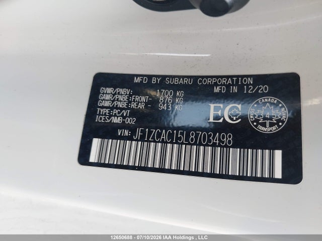 12650688 :رقم المزاد ، JF1ZCAC15L8703498 vin ، 2020 Subaru Brz Sport-tech مزاد بيع