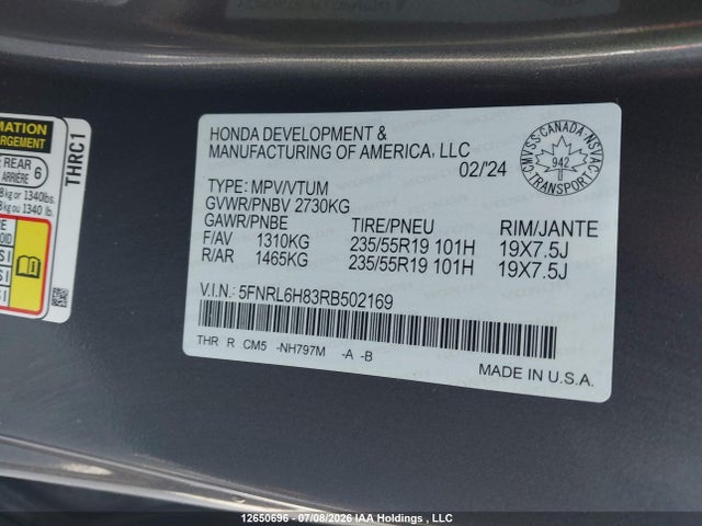 5FNRL6H83RB502169 Honda Odyssey Touring