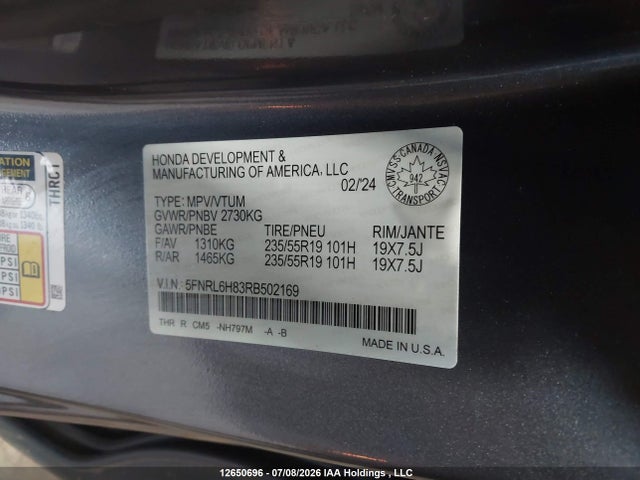 5FNRL6H83RB502169 Honda Odyssey Touring