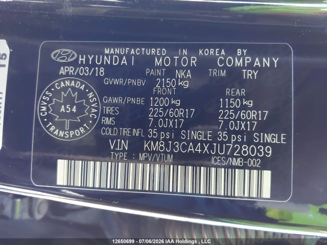 Aukcja sprzedaży 2018 Hyundai Tucson Se 2.0l, vin: KM8J3CA4XJU728039, numer aukcji: 12650699
