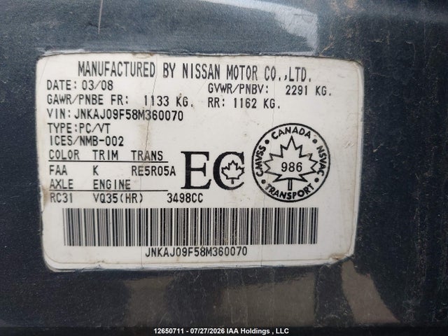 Aukcja sprzedaży 2008 Infiniti Ex35 Journey, vin: JNKAJ09F58M360070, numer aukcji: 12650711