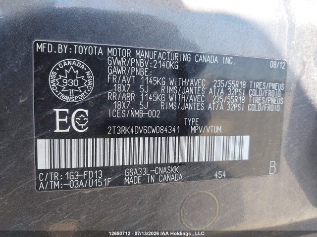 2012 Toyota Rav4 Sport V6 მანქანა იყიდება აუქციონზე, vin: 2T3RK4DV6CW084341, აუქციონის ნომერი: 12650712