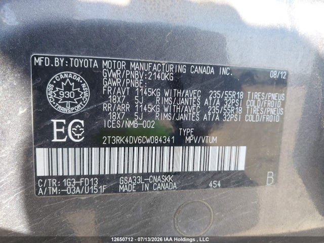 2012 Toyota Rav4 Sport V6 მანქანა იყიდება აუქციონზე, vin: 2T3RK4DV6CW084341, აუქციონის ნომერი: 12650712