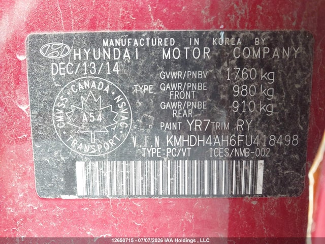 KMHDH4AH6FU418498 Hyundai Elantra Gls