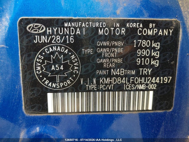 12650716 :رقم المزاد ، KMHD84LF0HU244197 vin ، 2017 Hyundai Elantra Gl مزاد بيع