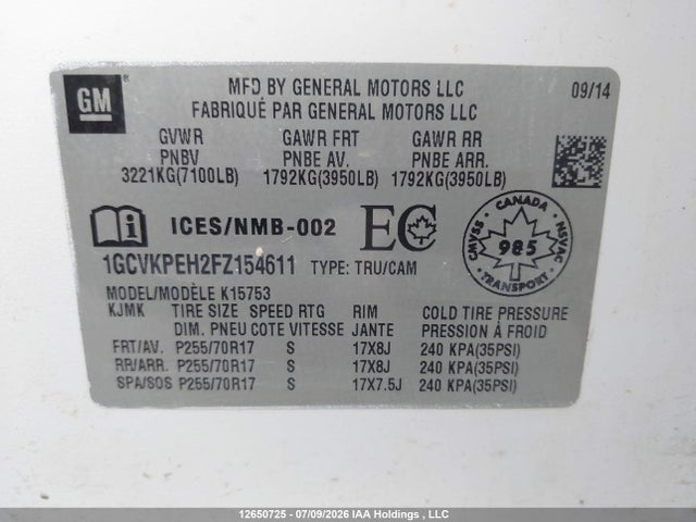 Продаж на аукціоні авто 2015 Chevrolet Silverado 1500, vin: 1GCVKPEH2FZ154611, номер лоту: 12650725