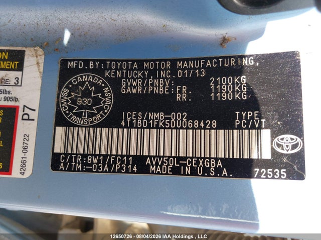 2013 Toyota Camry Hybrid/le/xle მანქანა იყიდება აუქციონზე, vin: 4T1BD1FK5DU068428, აუქციონის ნომერი: 12650726