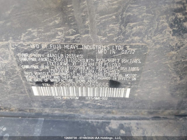 12650730 :رقم المزاد ، JF2SHCDC3CG459656 vin ، 2012 Subaru Forester 2.5x Touring مزاد بيع