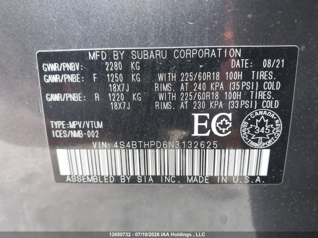 2022 Subaru Outback Premier Xt მანქანა იყიდება აუქციონზე, vin: 4S4BTHPD6N3132625, აუქციონის ნომერი: 12650732