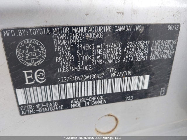 12641052 :رقم المزاد ، 2T3ZF4DV7CW130537 vin ، 2012 Toyota Rav4 مزاد بيع