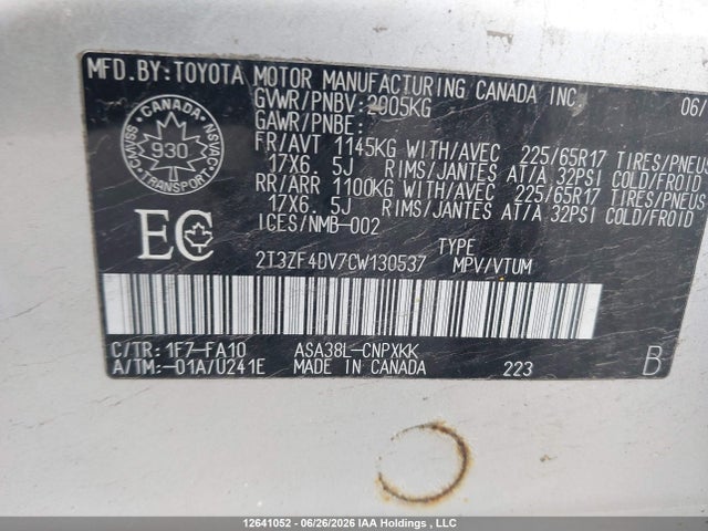 12641052 :رقم المزاد ، 2T3ZF4DV7CW130537 vin ، 2012 Toyota Rav4 مزاد بيع