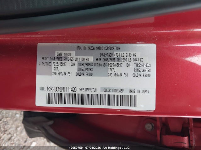 12650759 :رقم المزاد ، JM3KFBCM5M1111426 vin ، 2021 Mazda Cx-5 Gs/kuro Edition/signature مزاد بيع