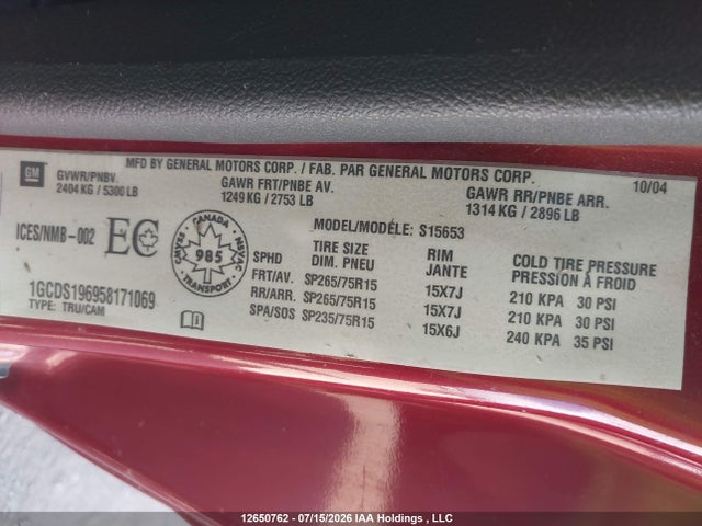 2005 Chevrolet Colorado Ls მანქანა იყიდება აუქციონზე, vin: 1GCDS196958171069, აუქციონის ნომერი: 12650762