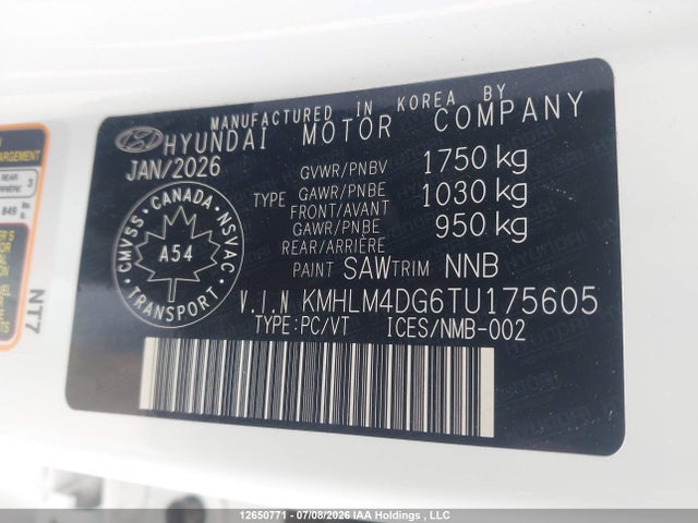 12650771 :رقم المزاد ، KMHLM4DG6TU175605 vin ، 2026 Hyundai Elantra Sel Sport مزاد بيع