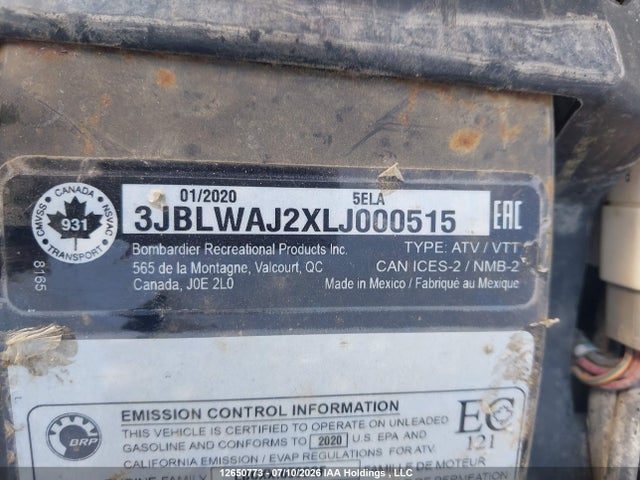 12650773 :رقم المزاد ، 3JBLWAJ2XLJ000515 vin ، 2020 Can-am Outlander 650 X Mr مزاد بيع