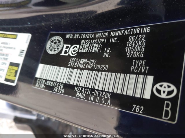 5YFB4MBE4NP120250 Toyota COROLLA SE