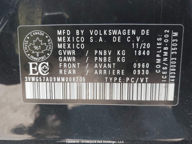 3VWG57AU9MM008205 Volkswagen Golf Comfortline/highline