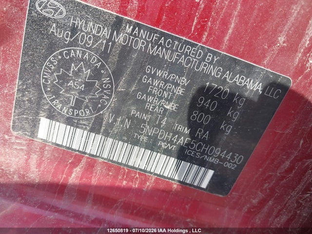 12650819 :رقم المزاد ، 5NPDM4AE5CH094430 vin ، 2012 Hyundai Elantra مزاد بيع