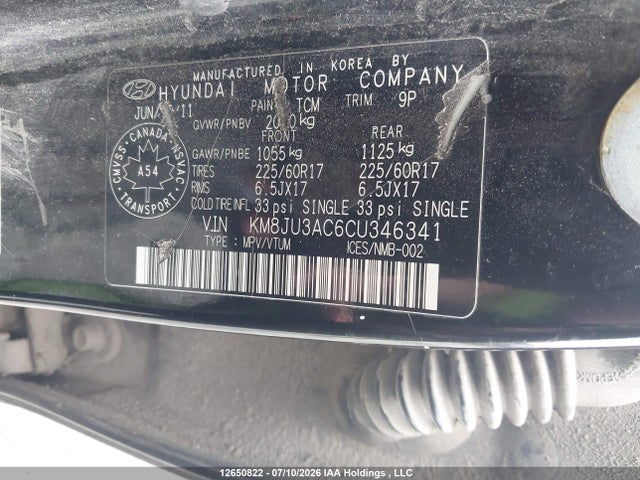 12650822 :رقم المزاد ، KM8JU3AC6CU346341 vin ، 2012 Hyundai Tucson Gls/limited مزاد بيع