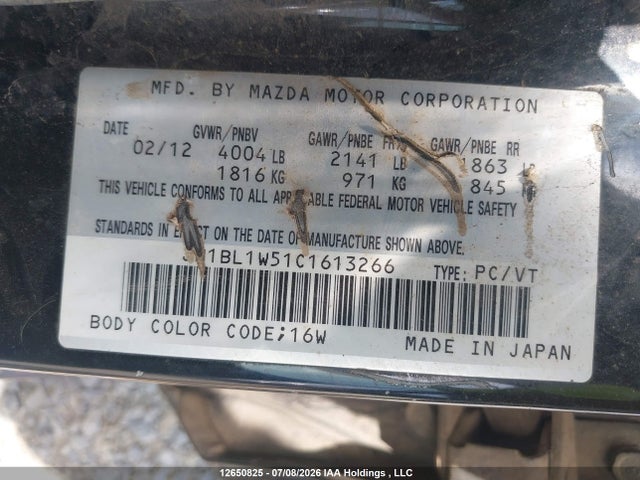 Продажа на аукционе авто 2012 Mazda 3 S, vin: JM1BL1W51C1613266, номер лота: 12650825