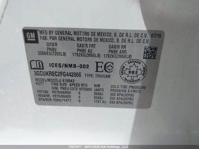 Aukcja sprzedaży 2015 Chevrolet Silverado 1500 1lt/2lt, vin: 3GCUKREC2FG442866, numer aukcji: 12623871