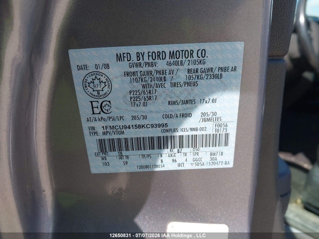 2008 Ford Escape Limited მანქანა იყიდება აუქციონზე, vin: 1FMCU94158KC93995, აუქციონის ნომერი: 12650831
