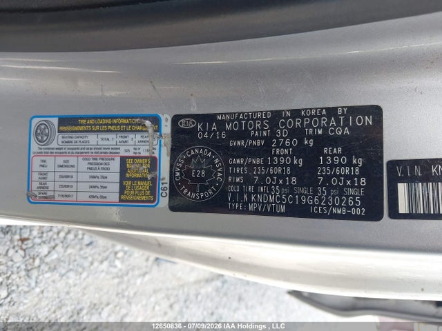 12650836 :رقم المزاد ، KNDMC5C19G6230265 vin ، 2016 Kia Sedona Sx/sx+ مزاد بيع