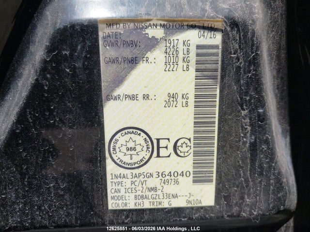 1N4AL3AP5GN364040 Nissan Altima 2.5/2.5 S/2.5 Sl Tech/2.5 Sr/2.5 Sv