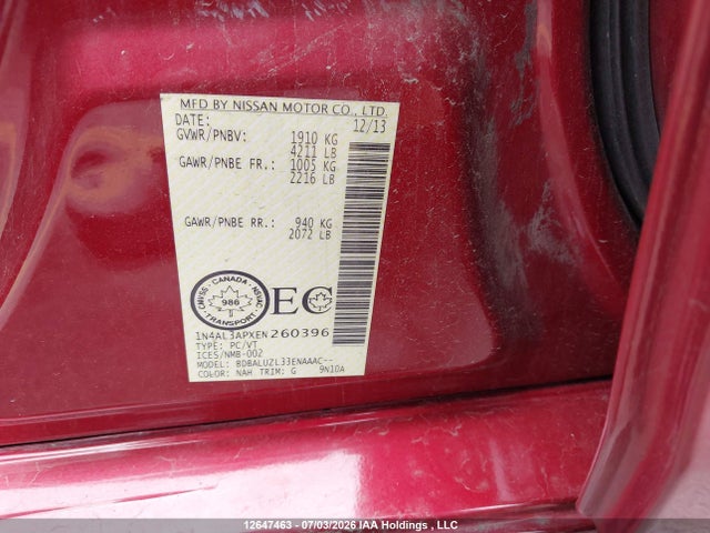Aukcja sprzedaży 2014 Nissan Altima 2.5/2.5 S/2.5 Sl/2.5 Sv, vin: 1N4AL3APXEN260396, numer aukcji: 12647463