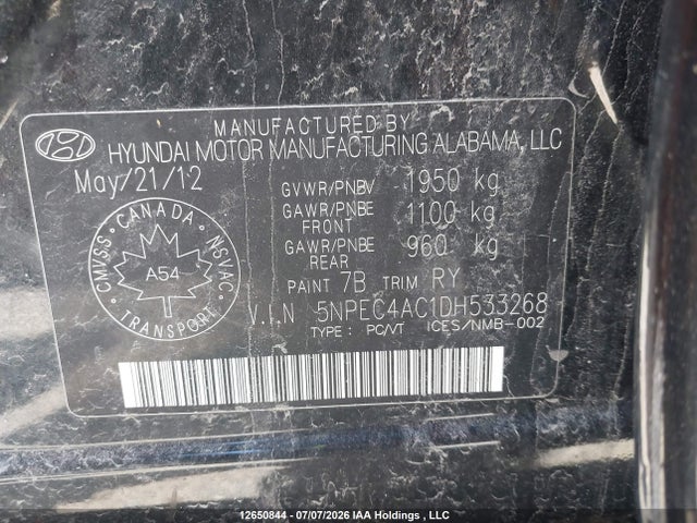 12650844 :رقم المزاد ، 5NPEC4AC1DH533268 vin ، 2013 Hyundai Sonata Se/limited مزاد بيع
