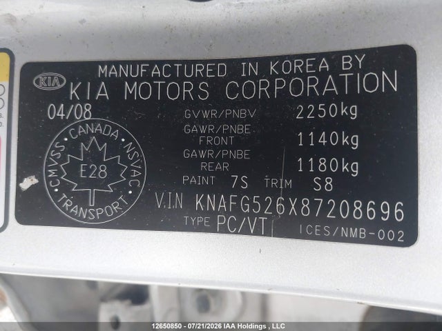 2008 Kia Rondo Lx/ex მანქანა იყიდება აუქციონზე, vin: KNAFG526X87208696, აუქციონის ნომერი: 12650850