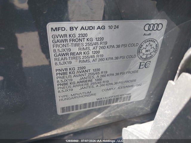 Продаж на аукціоні авто 2025 Audi Q3 Premium 40, vin: WA1AUCF32S1017885, номер лоту: 12650860