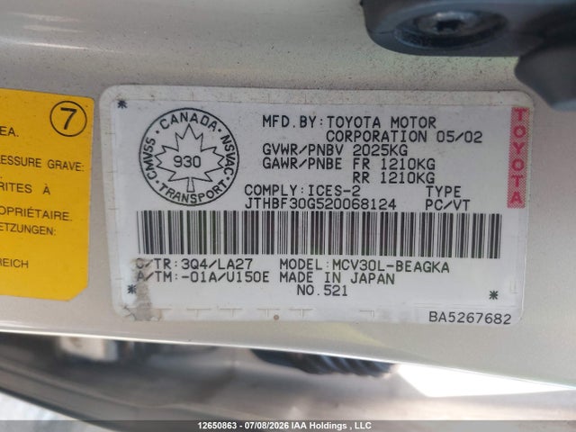Продаж на аукціоні авто 2002 Lexus Es 300, vin: JTHBF30G520068124, номер лоту: 12650863