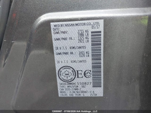 Продаж на аукціоні авто 2017 Infiniti Qx60, vin: 5N1DL0MM0HC550827, номер лоту: 12650867