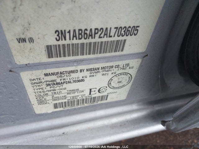 Aukcja sprzedaży 2010 Nissan Sentra 2.0/2.0s/sr/2.0sl, vin: 3N1AB6AP2AL703605, numer aukcji: 12650868