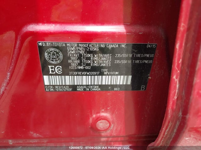 Toyota Rav4 Limited 2015 2T3DFREV0FW320917 Image 9