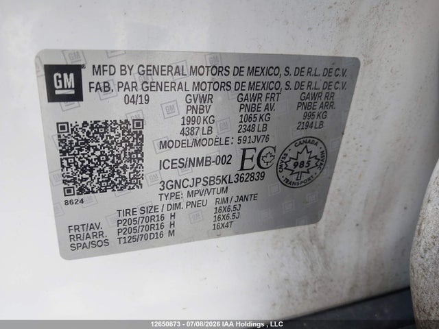 Chevrolet TRAX 1LT 2019 3GNCJPSB5KL362839 Image 9