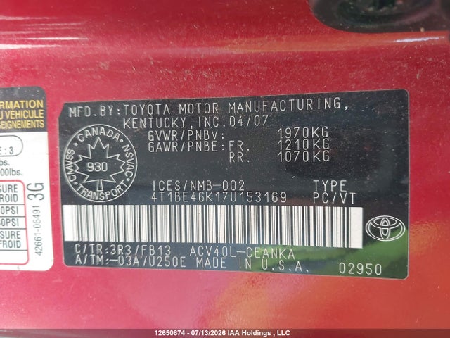Aukcja sprzedaży 2007 Toyota Camry, vin: 4T1BE46K17U153169, numer aukcji: 12650874