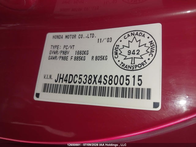 2004 Acura Rsx მანქანა იყიდება აუქციონზე, vin: JH4DC538X4S800515, აუქციონის ნომერი: 12650881