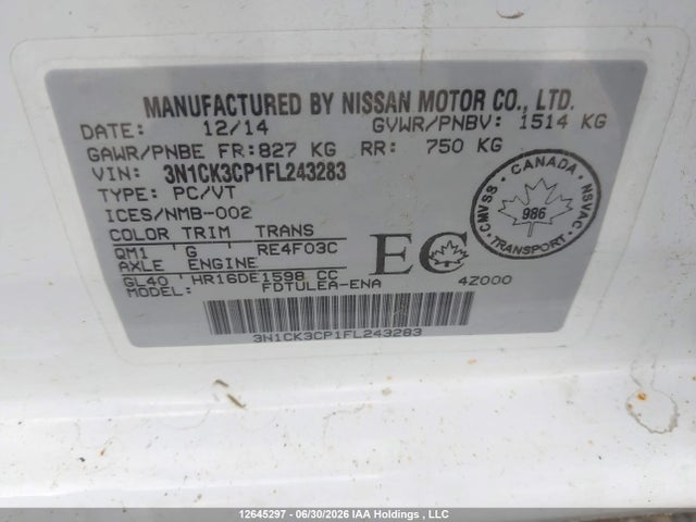 Aukcja sprzedaży 2015 Nissan Micra S/sr/sv, vin: 3N1CK3CP1FL243283, numer aukcji: 12645297