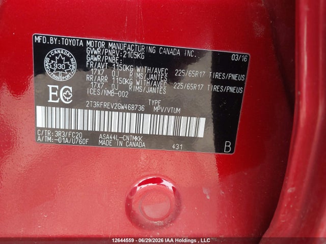 2016 Toyota Rav4 Xle მანქანა იყიდება აუქციონზე, vin: 2T3RFREV2GW468736, აუქციონის ნომერი: 12644559
