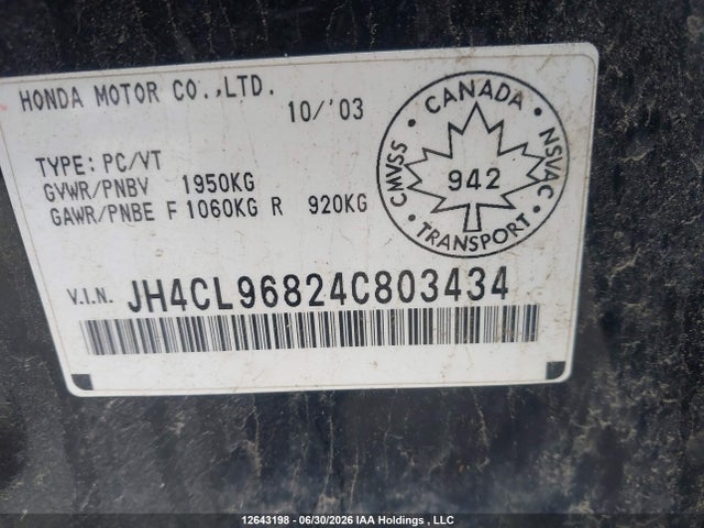 Продаж на аукціоні авто 2004 Acura Tsx, vin: JH4CL96824C803434, номер лоту: 12643198